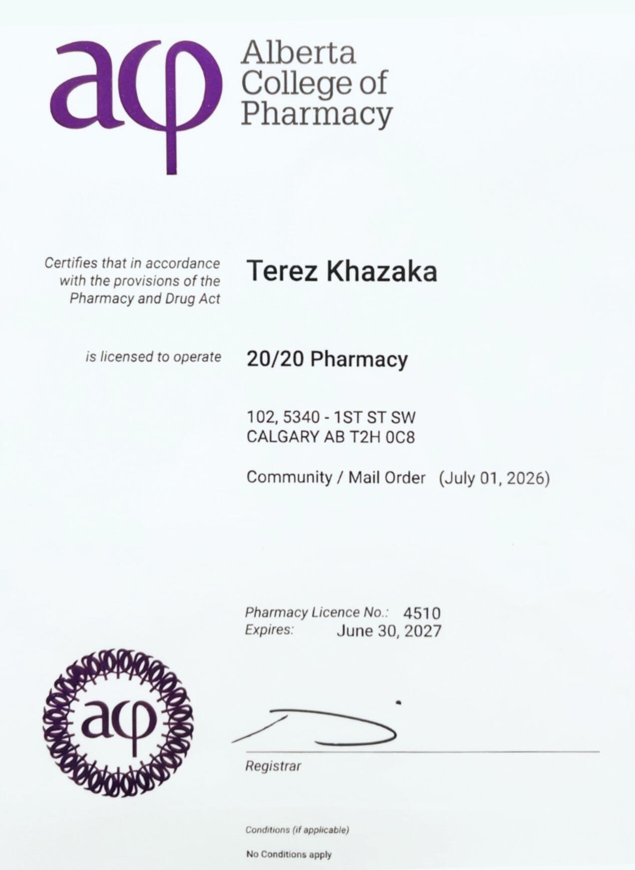 Gourlay's Clinic Pharmacy license document