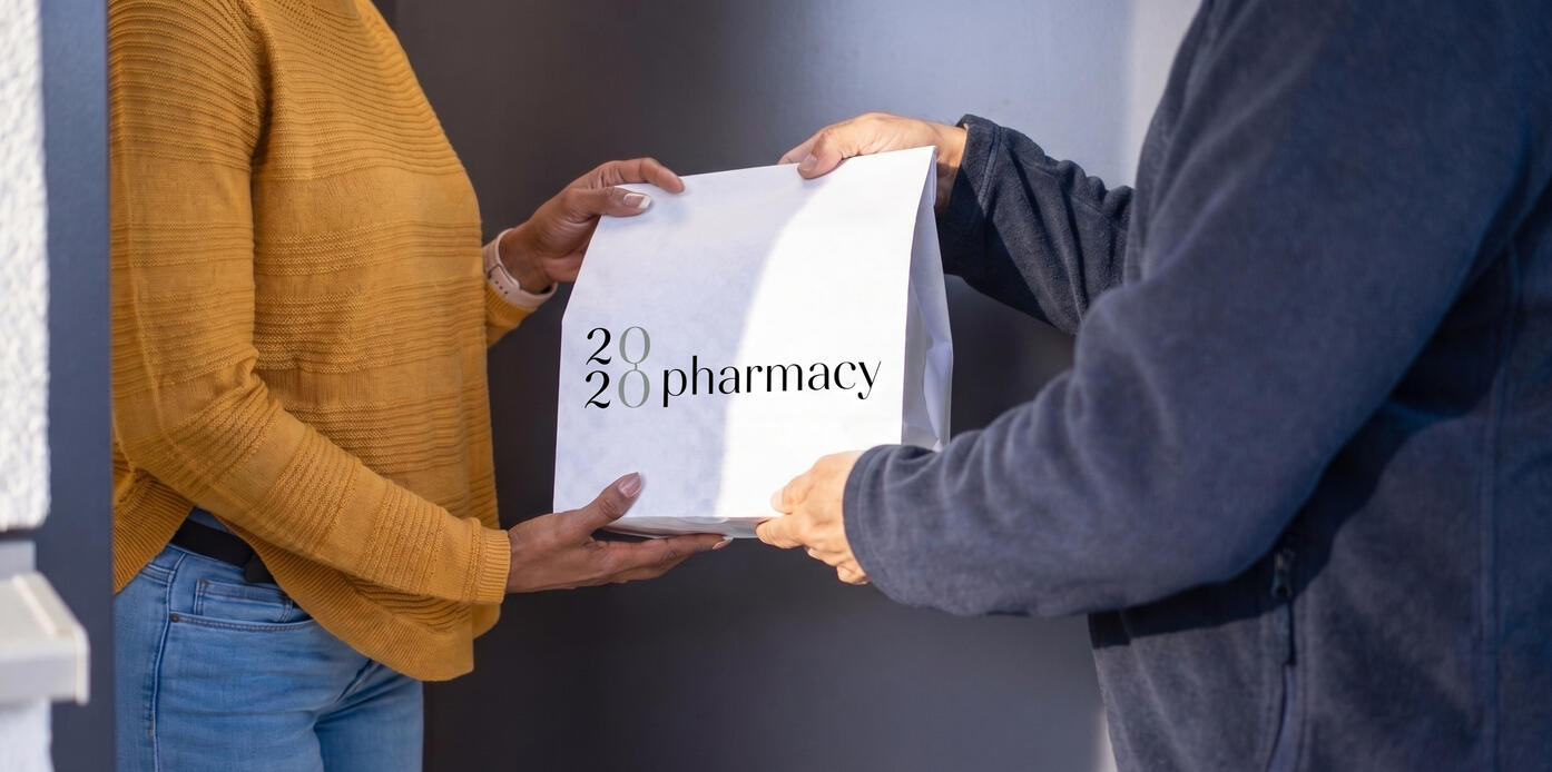 A woman taking prescription delivery from her door